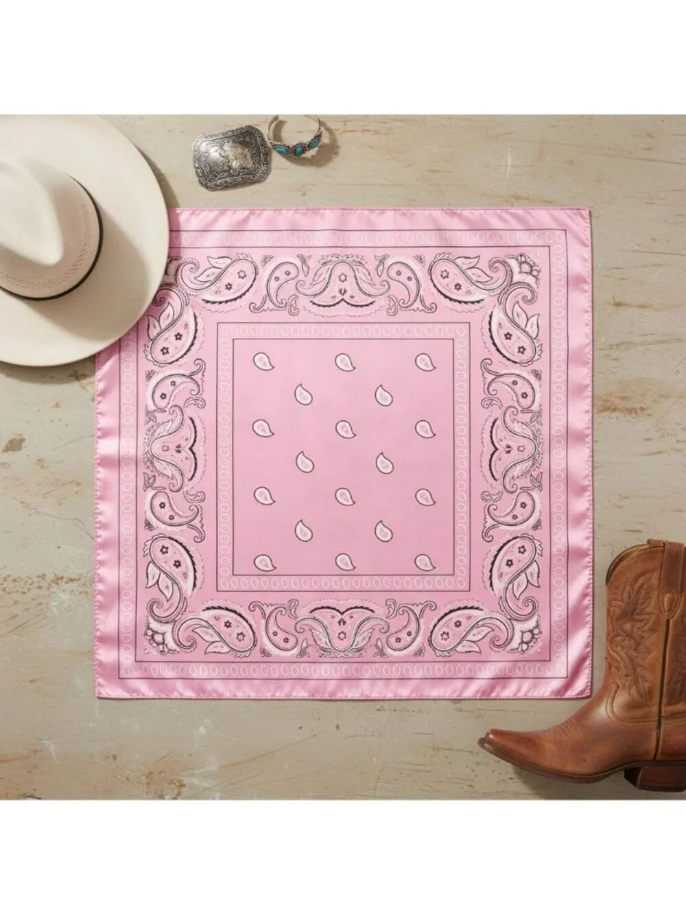 Pink White Black Paisley Wild Rag Scarf 35x35 Satin Western Cowgirl Cowboy